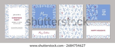 A Christmas party invitation template with a decorative border of pine branches, holly, and snowflakes. A holiday greeting card template. Vector.