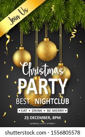 Christmas party invitation template with glitter balls and pine branches on black background. Vector