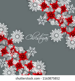 Christmas party invitation template greeting card with gift boxes, wreath in the snowflake, lights
