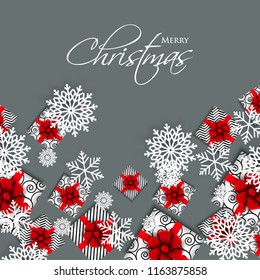 Christmas party invitation template greeting card with gift boxes, wreath in the snowflake, lights