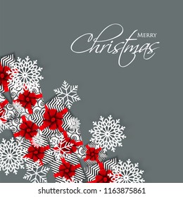 Christmas party invitation template greeting card with gift boxes, wreath in the snowflake, lights