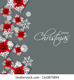 Christmas party invitation template greeting card with gift boxes, wreath in the snowflake, lights