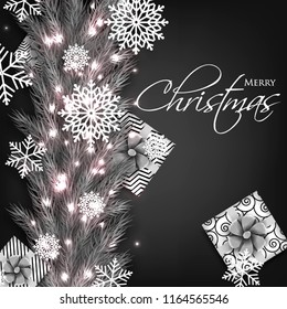 Christmas party invitation template greeting card with gift boxes, pine and fir branches wreath in the snowflake, lights garland monochrome background chalkboard