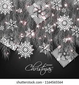 Christmas party invitation template greeting card with gift boxes, pine and fir branches wreath in the snowflake, lights garland monochrome background chalkboard