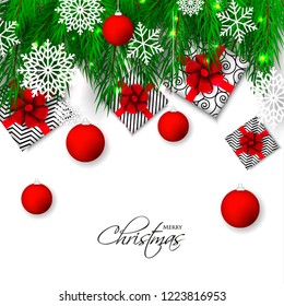 Christmas party invitation template greeting card with gift boxes, pine and fir branches wreath in the snowflake, lights, ball