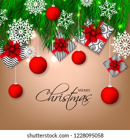 Christmas party invitation template greeting card with gift boxes, pine and fir branches wreath in the snowflake, lights, ball