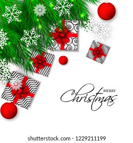 Christmas party invitation template greeting card with gift boxes, pine and fir branches wreath in the snowflake, lights, ball