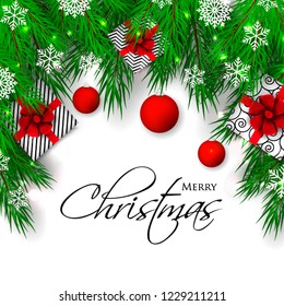 Christmas party invitation template greeting card with gift boxes, pine and fir branches wreath in the snowflake, lights, ball