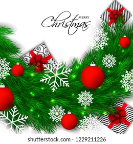 Christmas party invitation template greeting card with gift boxes, pine and fir branches wreath in the snowflake, lights, ball