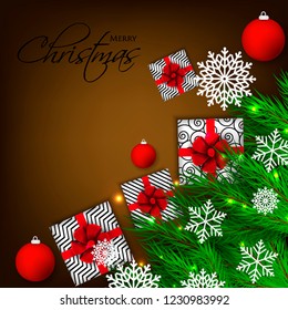 Christmas party invitation template greeting card with gift boxes, pine and fir branches wreath in the snowflake, lights, ball, brown chocolate background