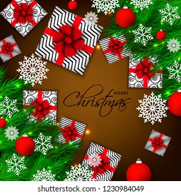 Christmas party invitation template greeting card with gift boxes, pine and fir branches wreath in the snowflake, lights, ball, brown chocolate background