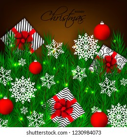 Christmas party invitation template greeting card with gift boxes, pine and fir branches wreath in the snowflake, lights, ball, brown chocolate background