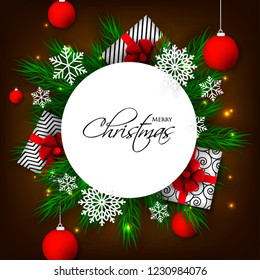 Christmas party invitation template greeting card with gift boxes, pine and fir branches wreath in the snowflake, lights, ball, brown chocolate background