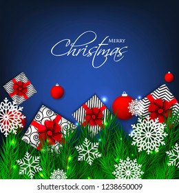 Christmas party invitation template greeting card with gift boxes, pine and fir branches wreath in the snowflake, lights, ball, blue background