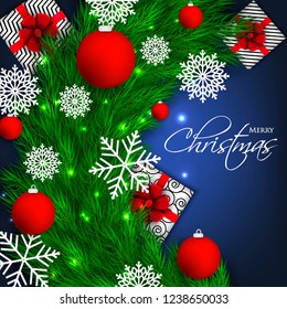 Christmas party invitation template greeting card with gift boxes, pine and fir branches wreath in the snowflake, lights, ball, blue background