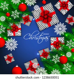 Christmas party invitation template greeting card with gift boxes, pine and fir branches wreath in the snowflake, lights, ball, blue background
