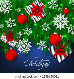 Christmas party invitation template greeting card with gift boxes, pine and fir branches wreath in the snowflake, lights, ball, blue background