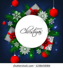 Christmas party invitation template greeting card with gift boxes, pine and fir branches wreath in the snowflake, lights, ball, blue background