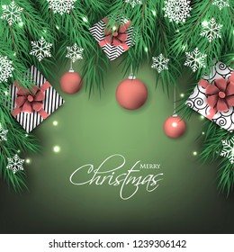 Christmas party invitation template greeting card with gift boxes, pine and fir branches wreath in the snowflake, lights, ball, green background