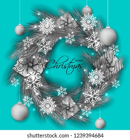 Christmas party invitation template greeting card with gift boxes, pine and fir branches wreath in the snowflake, lights, ball, blue background
