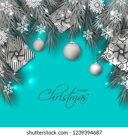 Christmas party invitation template greeting card with gift boxes, pine and fir branches wreath in the snowflake, lights, ball, blue background