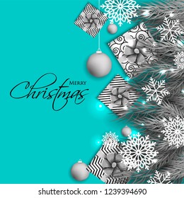 Christmas party invitation template greeting card with gift boxes, pine and fir branches wreath in the snowflake, lights, ball, blue background