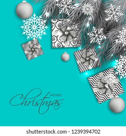 Christmas party invitation template greeting card with gift boxes, pine and fir branches wreath in the snowflake, lights, ball, blue background