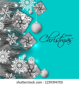 Christmas party invitation template greeting card with gift boxes, pine and fir branches wreath in the snowflake, lights, ball, blue background