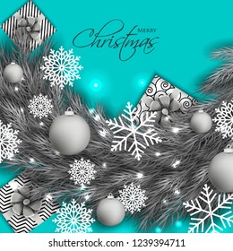 Christmas party invitation template greeting card with gift boxes, pine and fir branches wreath in the snowflake, lights, ball, blue background