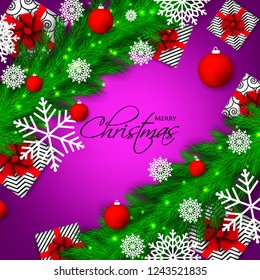 Christmas party invitation template greeting card with gift boxes, pine and fir branches wreath in the snowflake, lights, ball, pink violet background