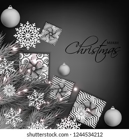 Christmas party invitation template greeting card with gift boxes, pine and fir branches wreath in the snowflake, lights, ball, grey background