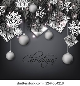 Christmas party invitation template greeting card with gift boxes, pine and fir branches wreath in the snowflake, lights, ball, grey background