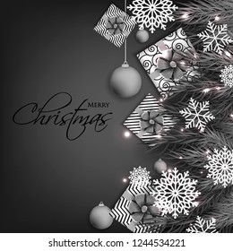 Christmas party invitation template greeting card with gift boxes, pine and fir branches wreath in the snowflake, lights, ball, grey background