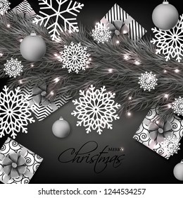 Christmas party invitation template greeting card with gift boxes, pine and fir branches wreath in the snowflake, lights, ball, grey background