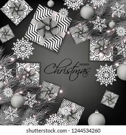 Christmas party invitation template greeting card with gift boxes, pine and fir branches wreath in the snowflake, lights, ball, grey background