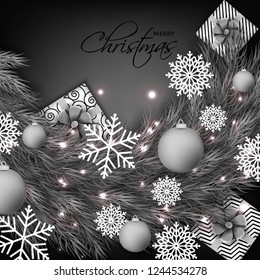 Christmas party invitation template greeting card with gift boxes, pine and fir branches wreath in the snowflake, lights, ball, grey background