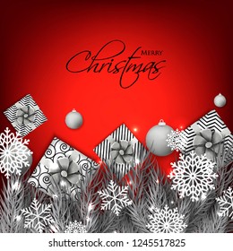 Christmas party invitation template greeting card with gift boxes, pine and fir branches wreath in the snowflake, lights, ball, red background
