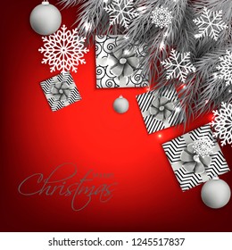 Christmas party invitation template greeting card with gift boxes, pine and fir branches wreath in the snowflake, lights, ball, red background