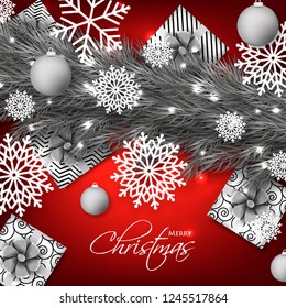 Christmas party invitation template greeting card with gift boxes, pine and fir branches wreath in the snowflake, lights, ball, red background