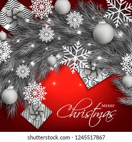 Christmas party invitation template greeting card with gift boxes, pine and fir branches wreath in the snowflake, lights, ball, red background