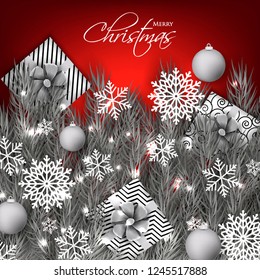 Christmas party invitation template greeting card with gift boxes, pine and fir branches wreath in the snowflake, lights, ball, red background