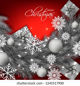 Christmas party invitation template greeting card with gift boxes, pine and fir branches wreath in the snowflake, lights, ball, red background