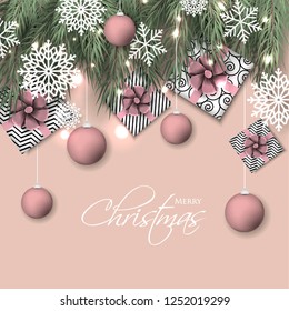 Christmas party invitation template greeting card with gift boxes, pine and fir branches wreath in the snowflake, lights, ball