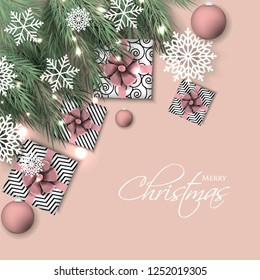 Christmas party invitation template greeting card with gift boxes, pine and fir branches wreath in the snowflake, lights, ball