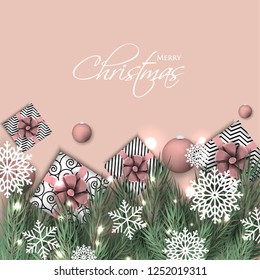 Christmas party invitation template greeting card with gift boxes, pine and fir branches wreath in the snowflake, lights, ball