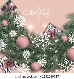 Christmas party invitation template greeting card with gift boxes, pine and fir branches wreath in the snowflake, lights, ball