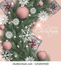 Christmas party invitation template greeting card with gift boxes, pine and fir branches wreath in the snowflake, lights, ball