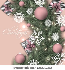 Christmas party invitation template greeting card with gift boxes, pine and fir branches wreath in the snowflake, lights, ball