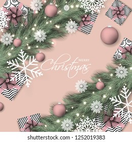 Christmas party invitation template greeting card with gift boxes, pine and fir branches wreath in the snowflake, lights, ball