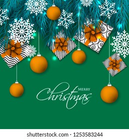 Christmas party invitation template greeting card with gift boxes, pine and fir branches wreath in the snowflake, lights, ball